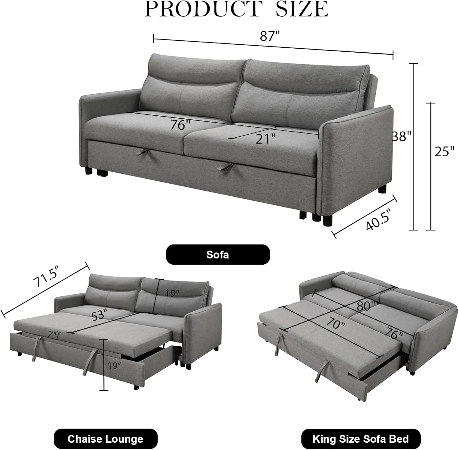 THSUPER 87-Inch King Size Convertible Sleeper Sofa Bed, Comfortable Pull-Out Futon Loveseat for RV Small Spaces, Hide-A-Bed Fold Out Couch - Grey