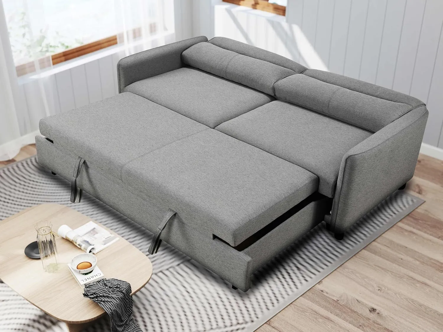 THSUPER 87-Inch King Size Convertible Sleeper Sofa Bed, Comfortable Pull-Out Futon Loveseat for RV Small Spaces, Hide-A-Bed Fold Out Couch - Grey