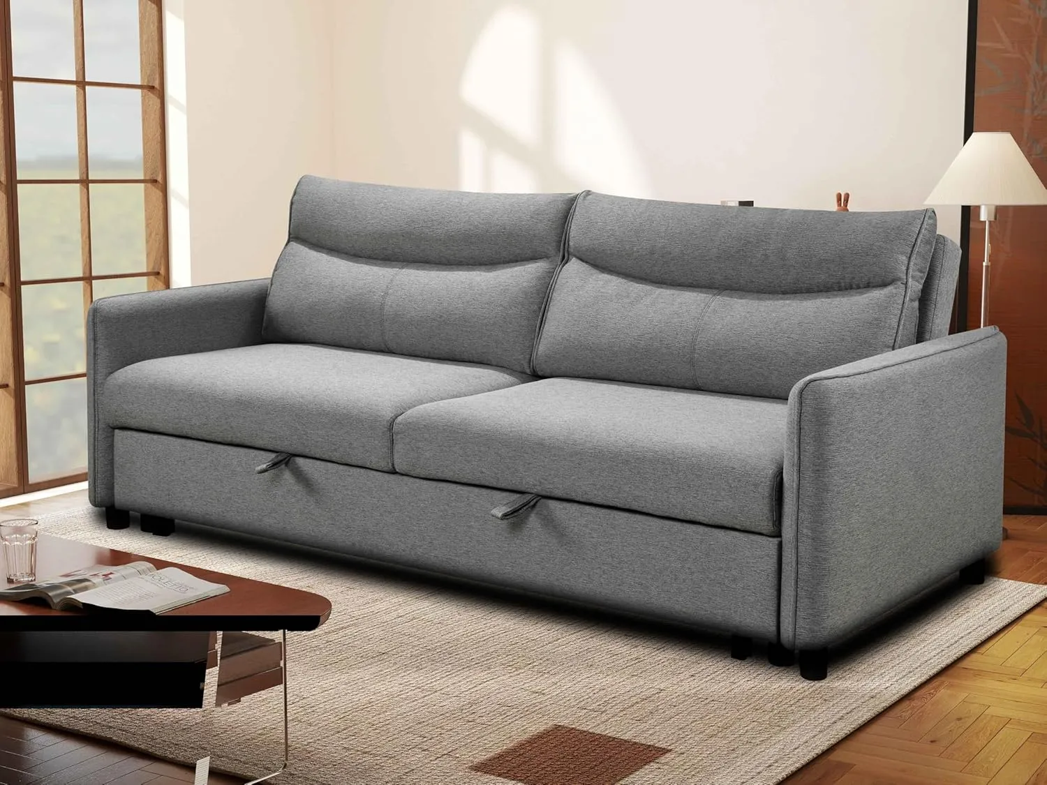THSUPER 87-Inch King Size Convertible Sleeper Sofa Bed, Comfortable Pull-Out Futon Loveseat for RV Small Spaces, Hide-A-Bed Fold Out Couch - Grey