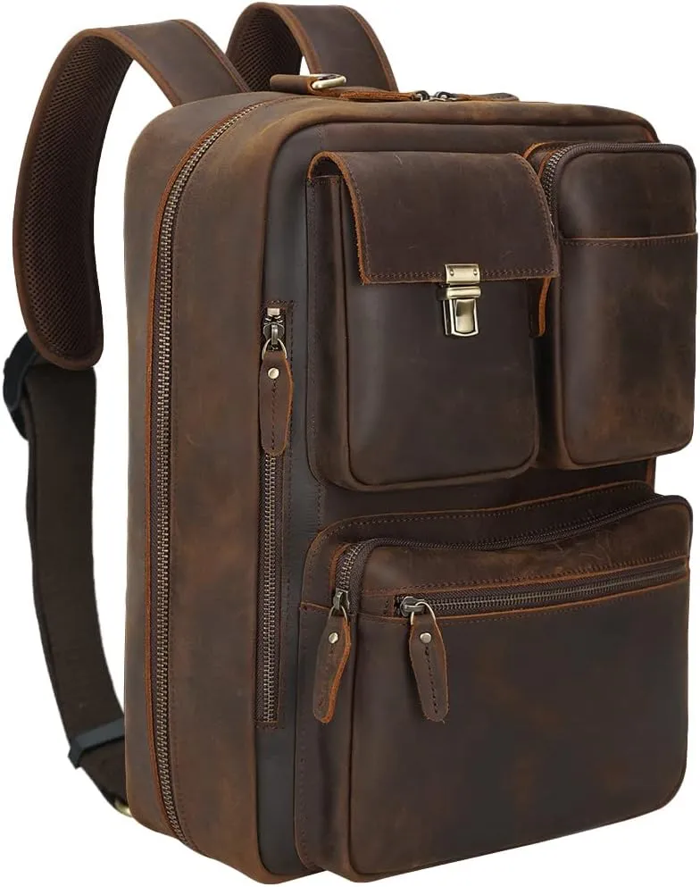 TIDING Men's Leather Convertible Backpack 15.6 Inch Laptop Briefcase Messenger Bag Work Business Travel Rucksack