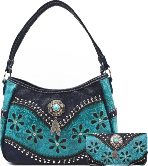 Tooled Leather Floral Laser Cut Flower Feather Purse Studs Country Western Handbag Women Shoulder Bag Trifold Wallet Set