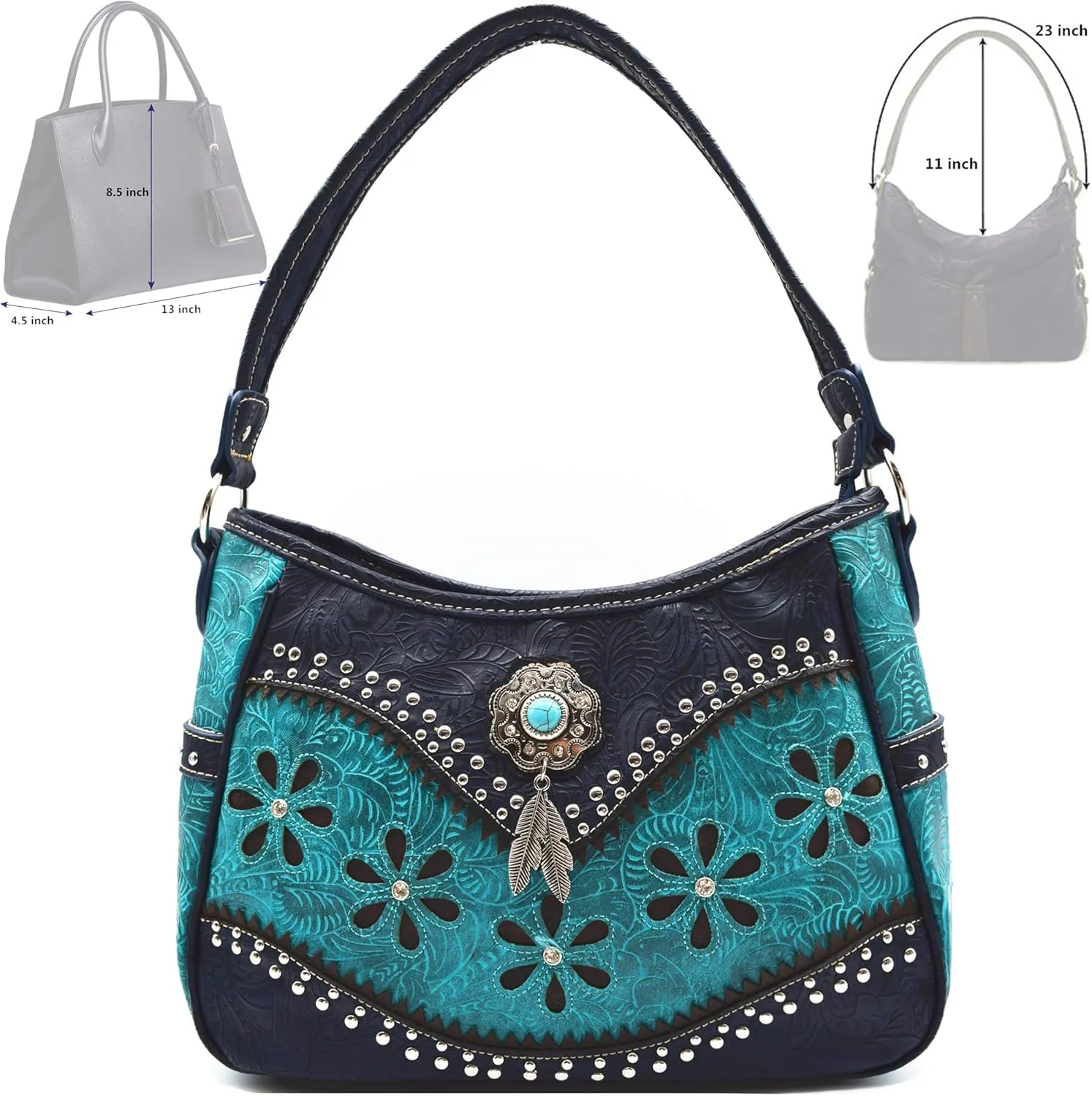 Tooled Leather Floral Laser Cut Flower Feather Purse Studs Country Western Handbag Women Shoulder Bag Trifold Wallet Set