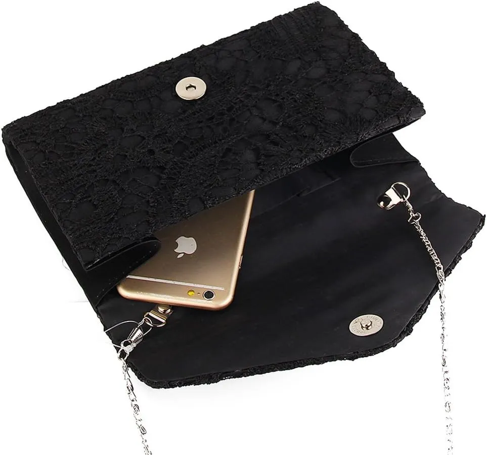 TOPCHANCES Womens Evening Clutch Ladies Floral Lace Envelope Handbags Wedding Bridal Purse Bag (Black)