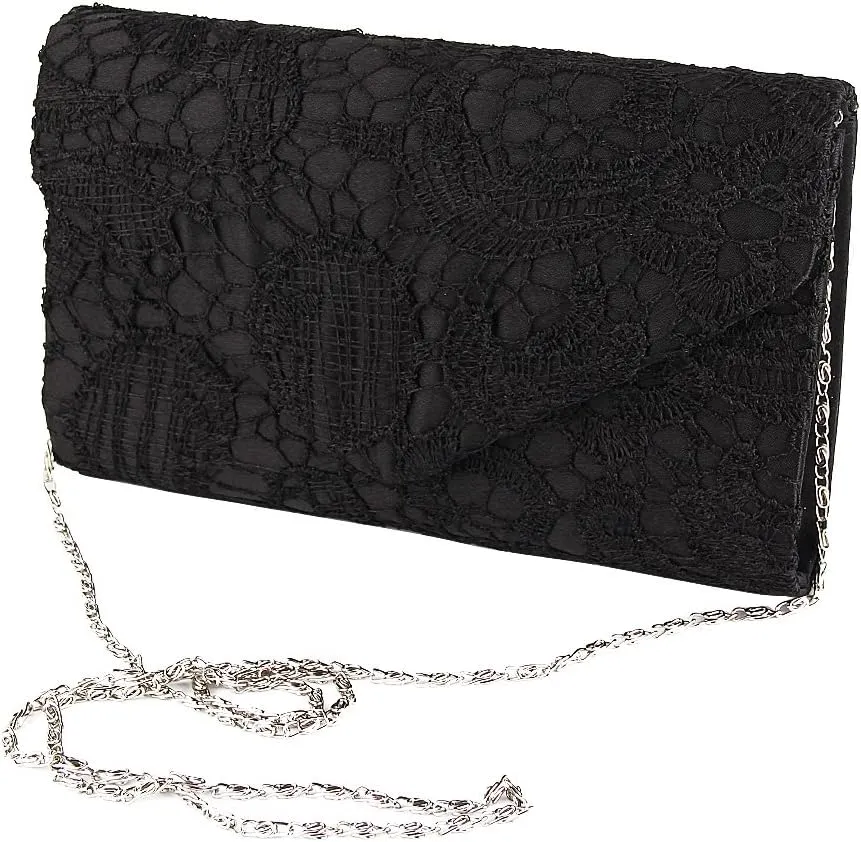 TOPCHANCES Womens Evening Clutch Ladies Floral Lace Envelope Handbags Wedding Bridal Purse Bag (Black)