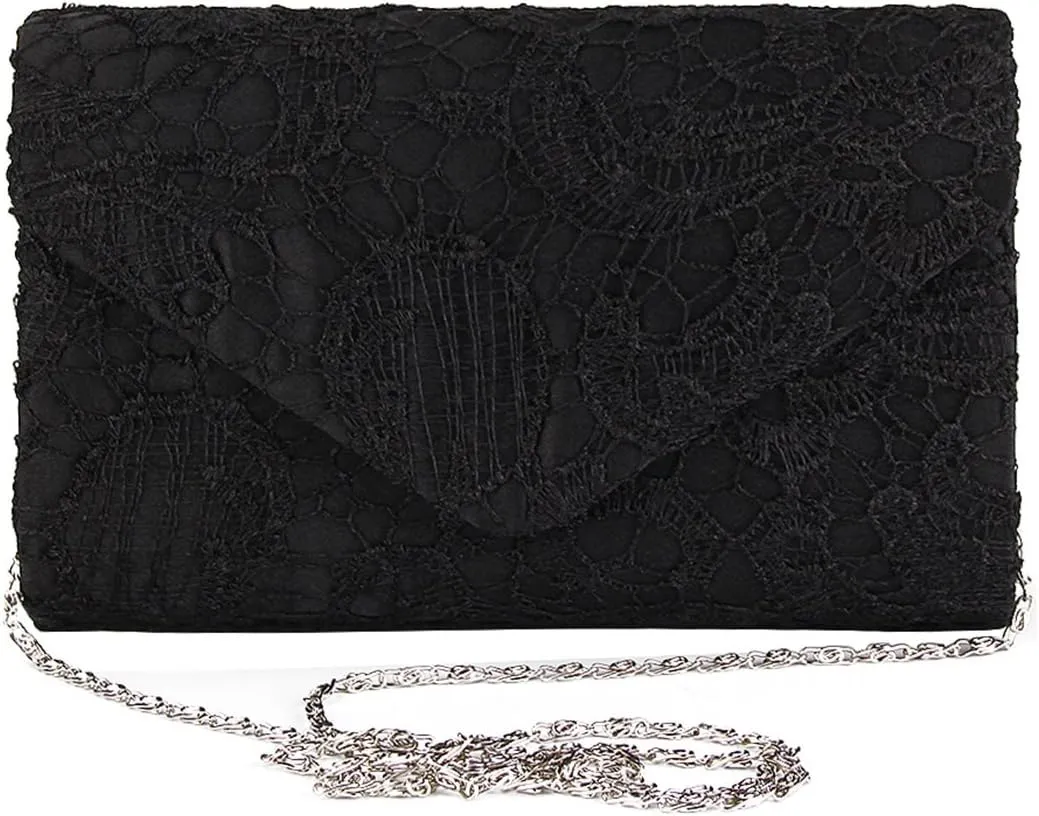 TOPCHANCES Womens Evening Clutch Ladies Floral Lace Envelope Handbags Wedding Bridal Purse Bag (Black)
