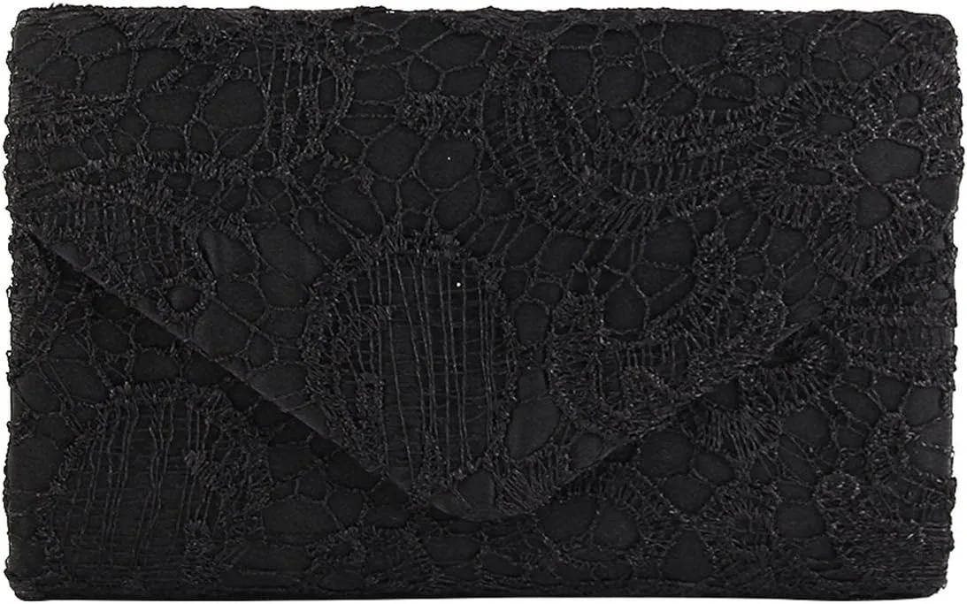 TOPCHANCES Womens Evening Clutch Ladies Floral Lace Envelope Handbags Wedding Bridal Purse Bag (Black)