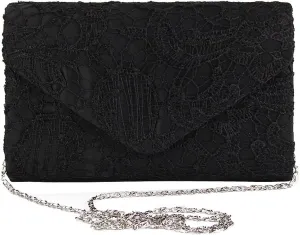 TOPCHANCES Womens Evening Clutch Ladies Floral Lace Envelope Handbags Wedding Bridal Purse Bag (Black)