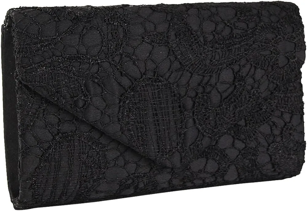 TOPCHANCES Womens Evening Clutch Ladies Floral Lace Envelope Handbags Wedding Bridal Purse Bag (Black)