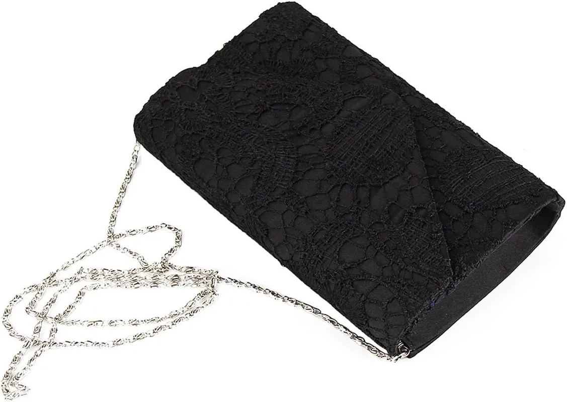 TOPCHANCES Womens Evening Clutch Ladies Floral Lace Envelope Handbags Wedding Bridal Purse Bag (Black)