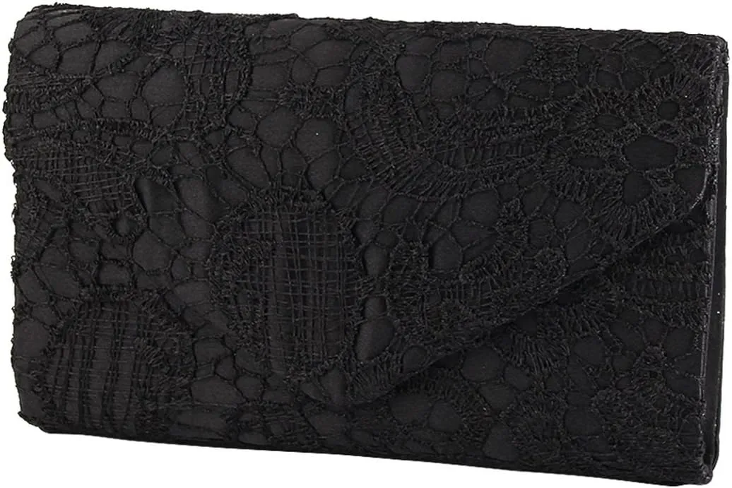 TOPCHANCES Womens Evening Clutch Ladies Floral Lace Envelope Handbags Wedding Bridal Purse Bag (Black)