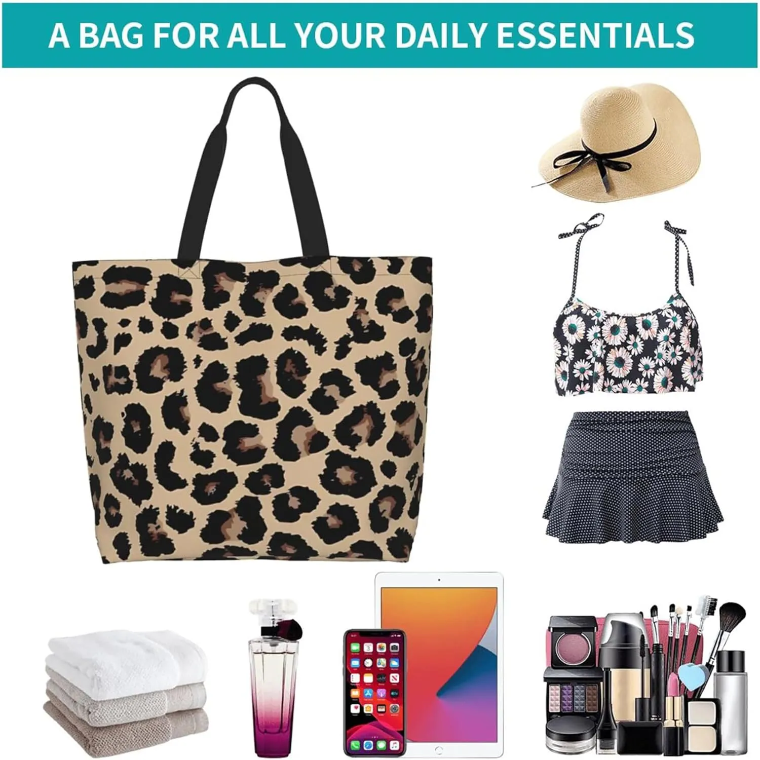 Tote Bag For women Zipper Large Beach Tote Bag Cute Leopard Tote Bag Reusable Travel Work Shopping Tote Bag Purse