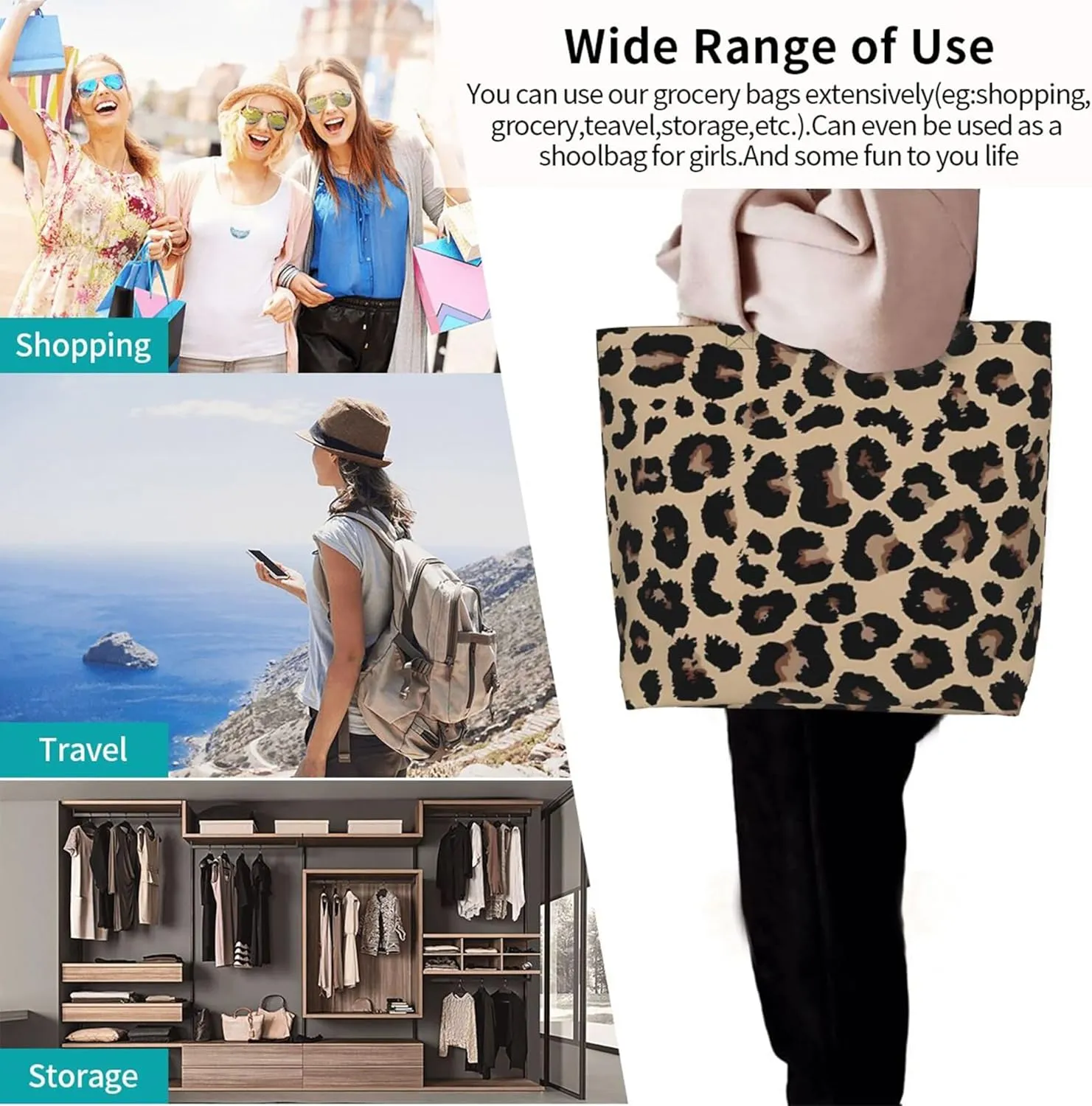 Tote Bag For women Zipper Large Beach Tote Bag Cute Leopard Tote Bag Reusable Travel Work Shopping Tote Bag Purse