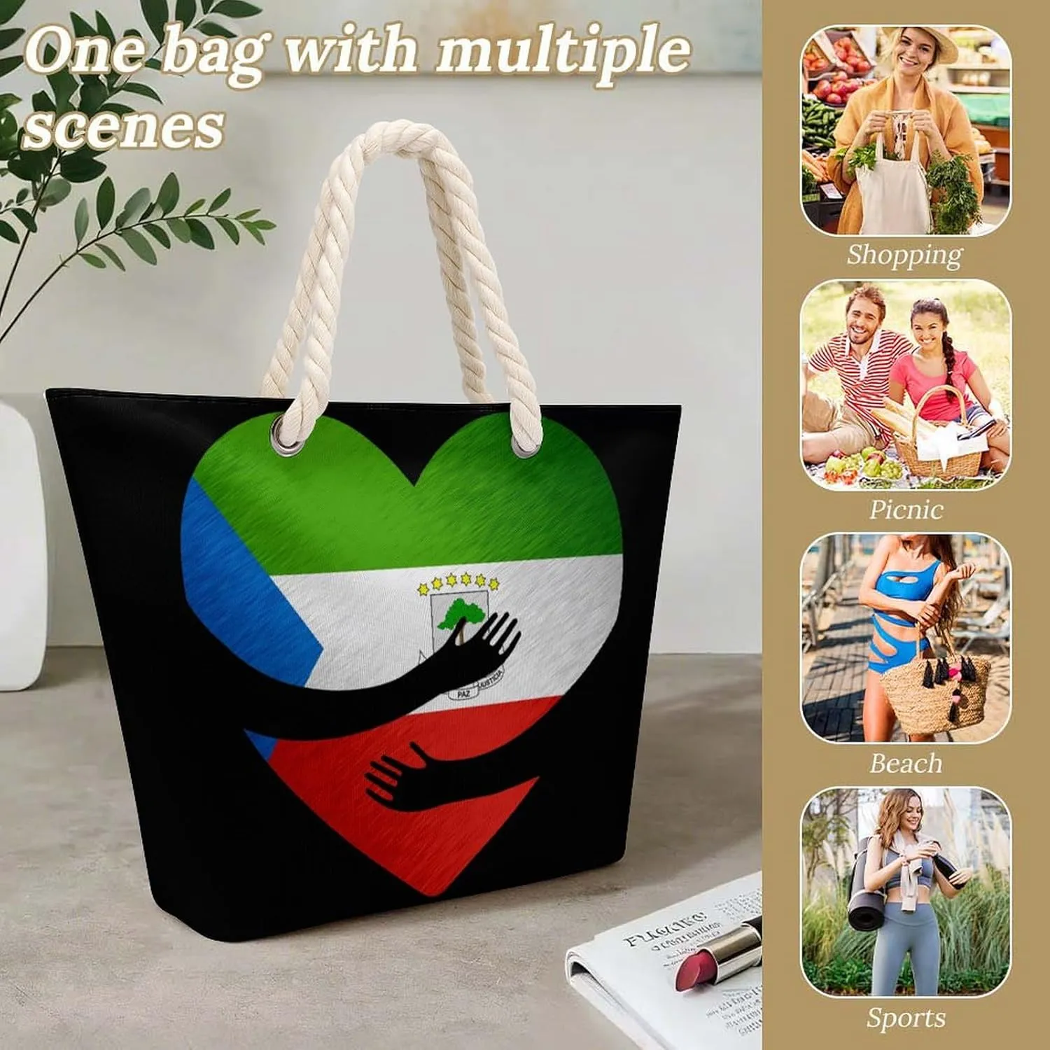 Tote Bag Large Handles Beach Bag with Zipper for Shopping Groceries Travel Outdoors Swim Pool Bag