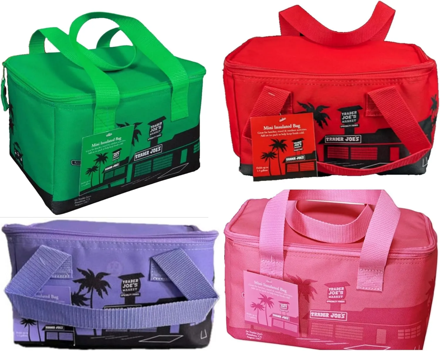 Trader Joe's Mini Insulated Cooler Tote Bag Bundle of 4: Pink, Lavender, Emerald Green & Red - All Limited Editions