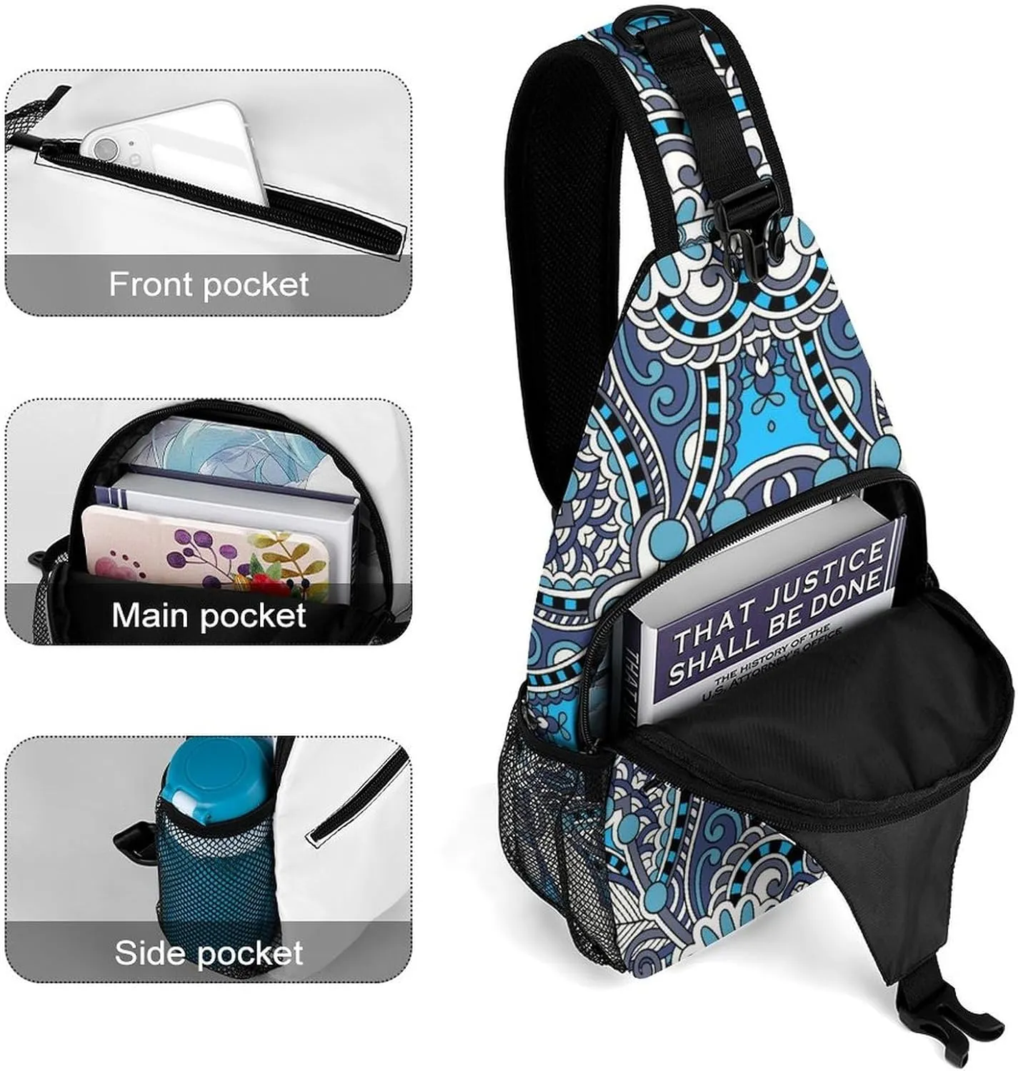 Traditional Floral Theme Sling Backpack, Crossbody Shoulder Bag, Chest Bags for Outdoor Travel Fitness, 38x20cm, Style-3