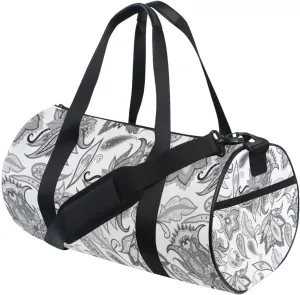 Traditional Vintage Ancient Asian Elements Paisley Floral Flowers Duffel Bag, Foldable Canvas Travel Tote for Gym Sports with Inner Pockets, Durable Lightweight Fitness Bag for Overnight Workout
