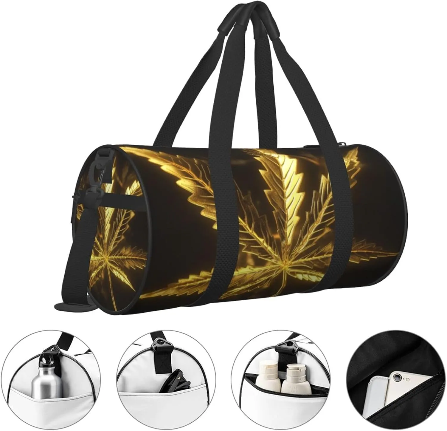 Travel Bag For Women,Golden Cannabis Print Personal Item Duffle Bags,Weekend Travel Duffel Tote Bag,Travel Sport Gym Bag For Men,Airplane Travel Essentials For Flying
