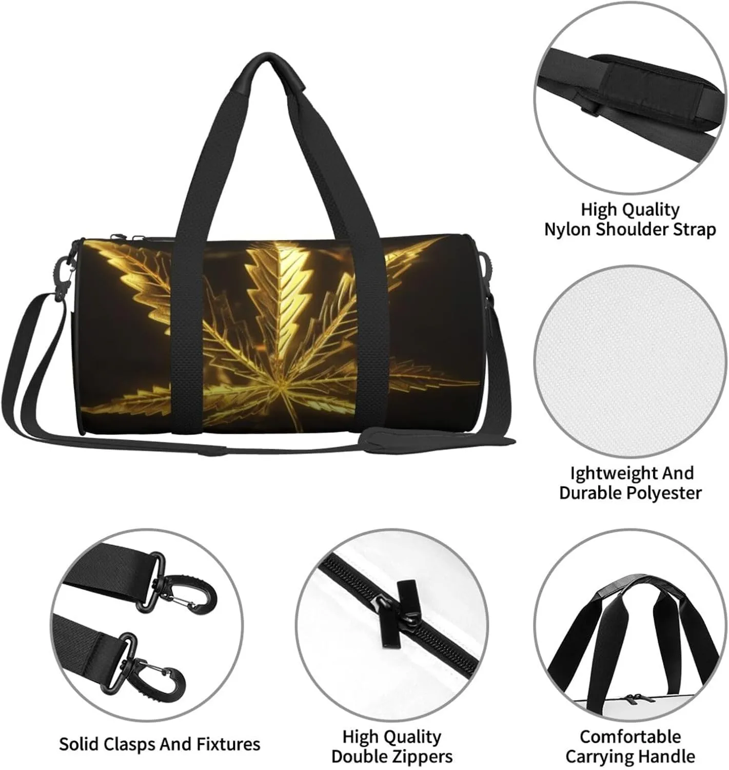 Travel Bag For Women,Golden Cannabis Print Personal Item Duffle Bags,Weekend Travel Duffel Tote Bag,Travel Sport Gym Bag For Men,Airplane Travel Essentials For Flying