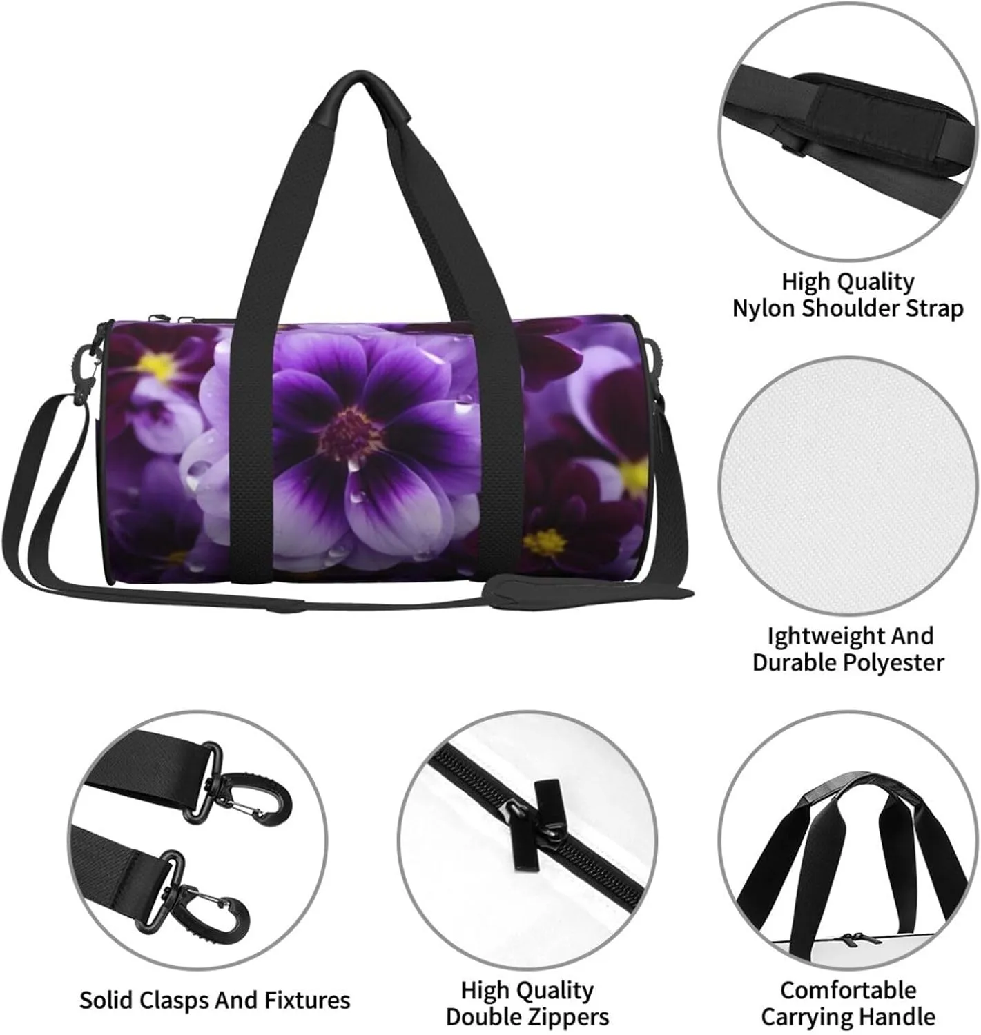 Travel Bag For Women,Purple Flower Print Personal Item Duffle Bags,Weekend Travel Duffel Tote Bag,Travel Sport Gym Bag For Men,Airplane Travel Essentials For Flying