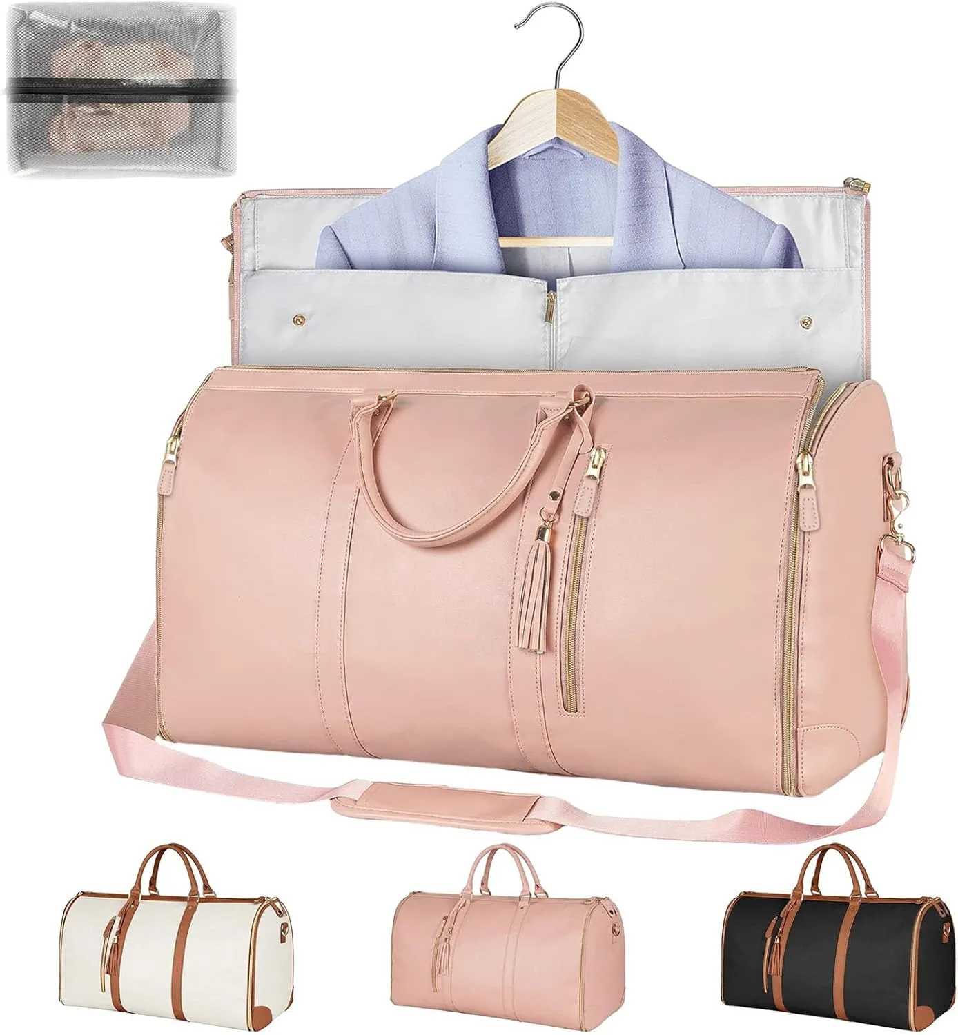 Travel Bag with Wheels,3-in-1 Suit Luggage Bag for Women Business Trip & Travel with Shoe Pouch, Foldable PU Leather Carry On Garment Bag(Basic, Pink)