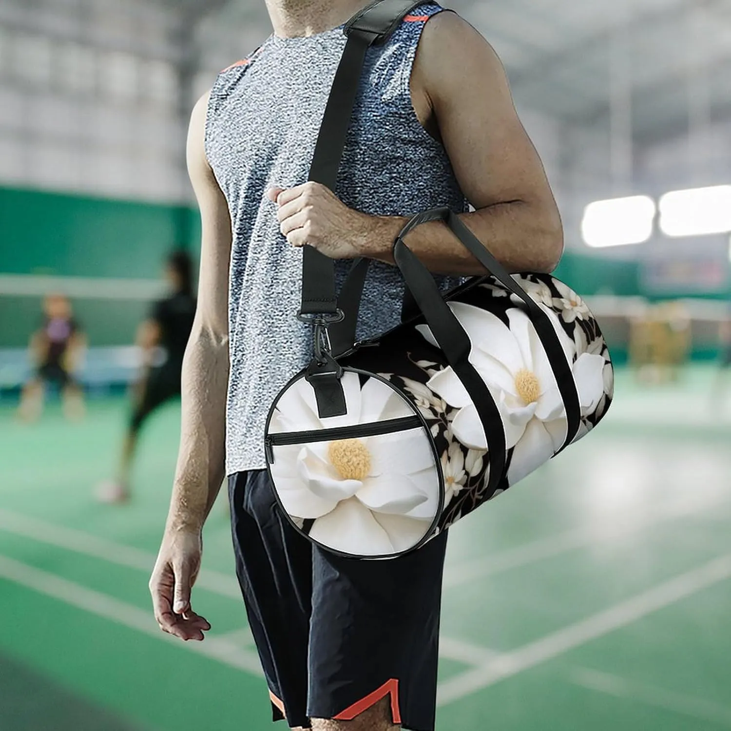 Travel Duffel Bag for Men And Women,White Floral Waterproof Sports Fitness Bag Portable Travel Duffel Bag