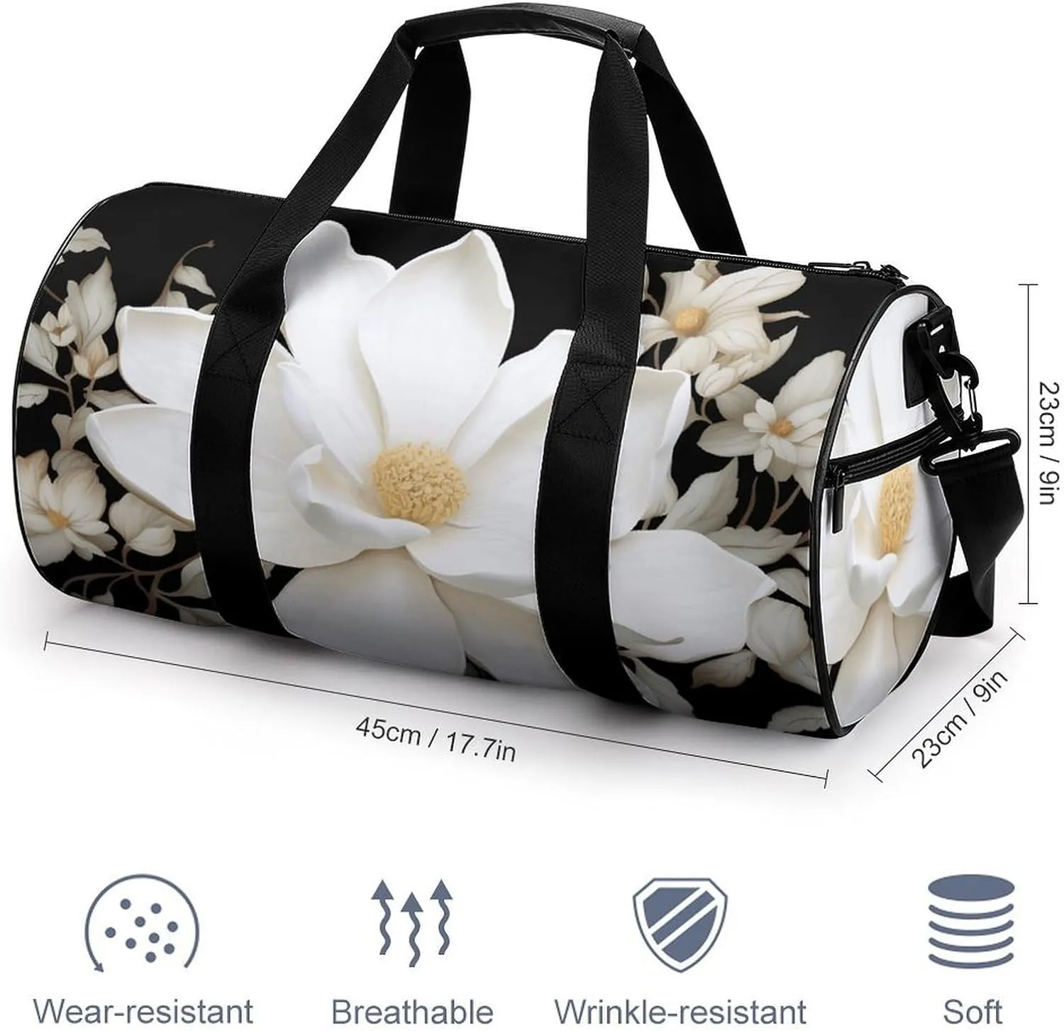 Travel Duffel Bag for Men And Women,White Floral Waterproof Sports Fitness Bag Portable Travel Duffel Bag