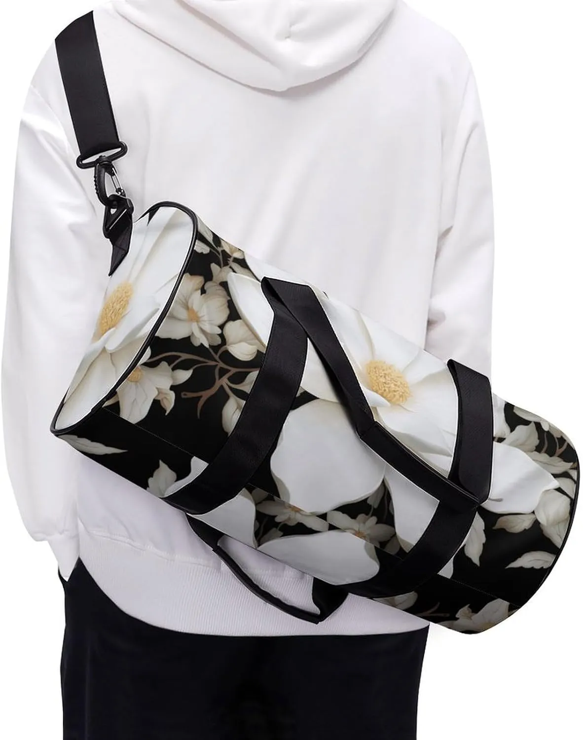 Travel Duffel Bag for Men And Women,White Floral Waterproof Sports Fitness Bag Portable Travel Duffel Bag