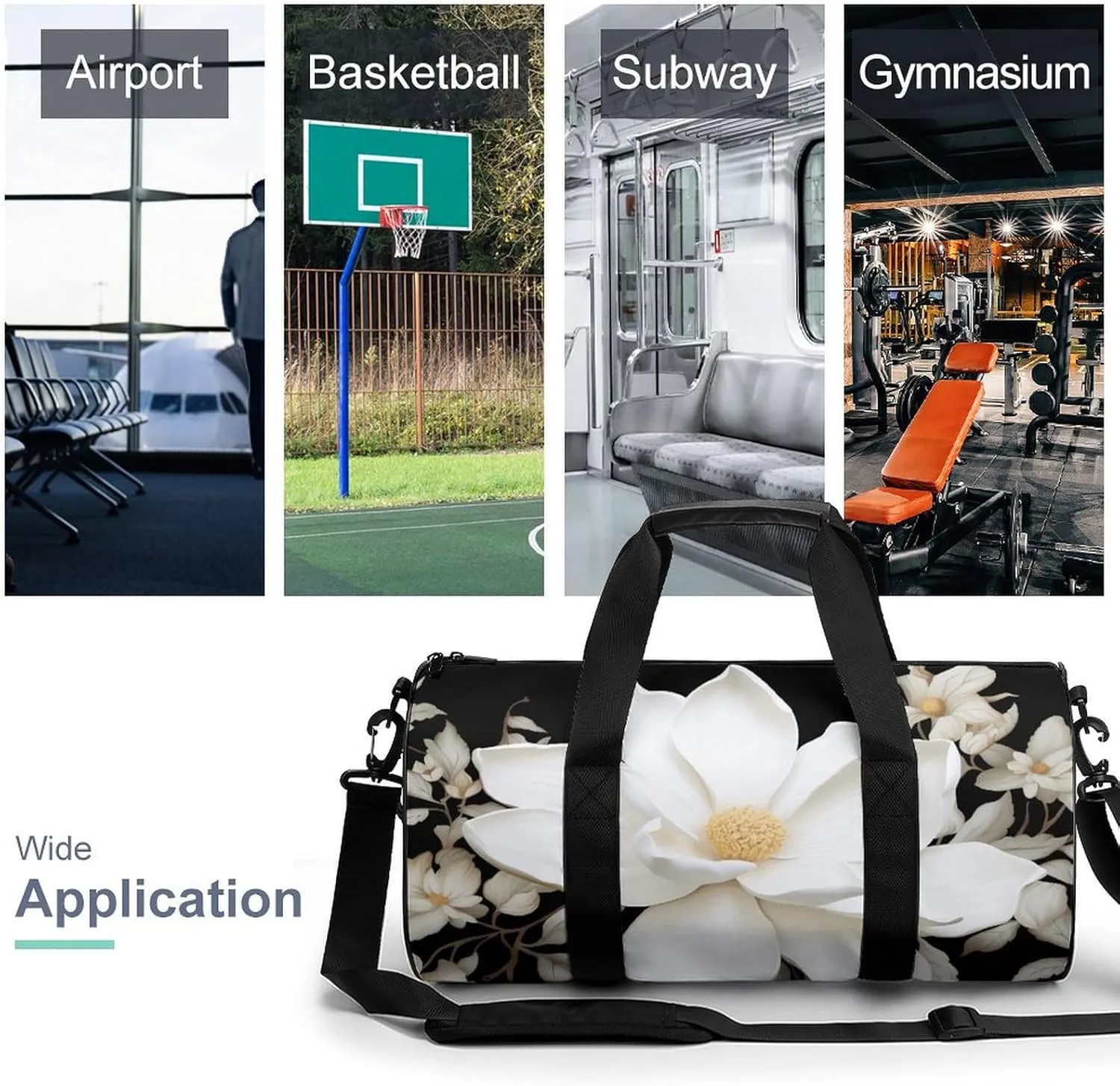 Travel Duffel Bag for Men And Women,White Floral Waterproof Sports Fitness Bag Portable Travel Duffel Bag