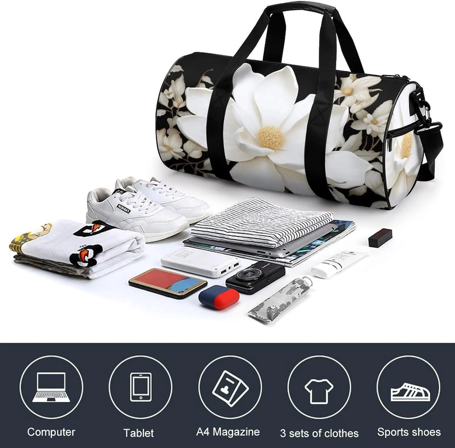 Travel Duffel Bag for Men And Women,White Floral Waterproof Sports Fitness Bag Portable Travel Duffel Bag