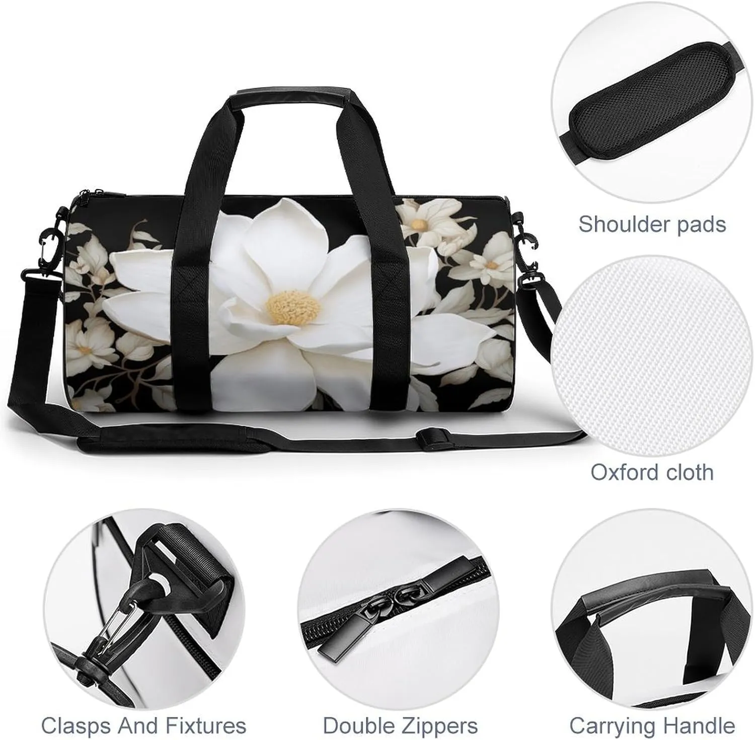 Travel Duffel Bag for Men And Women,White Floral Waterproof Sports Fitness Bag Portable Travel Duffel Bag