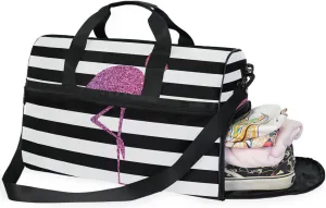 Travel Duffle Bag, Pink Flamingo Stripes Weekender Bag Large Sport Gym Bag with Shoe Compartment