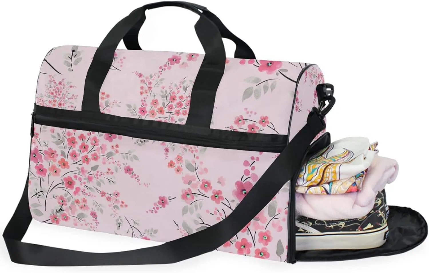 Travel Duffle Bag, Pink Flower Branch Weekender Bags Large Sport Gym Bag with Shoe Compartment