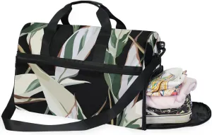 Travel Duffle Bag, Tropical Leaves on Black Weekender Bags Large Sport Gym Bag with Shoe Compartment