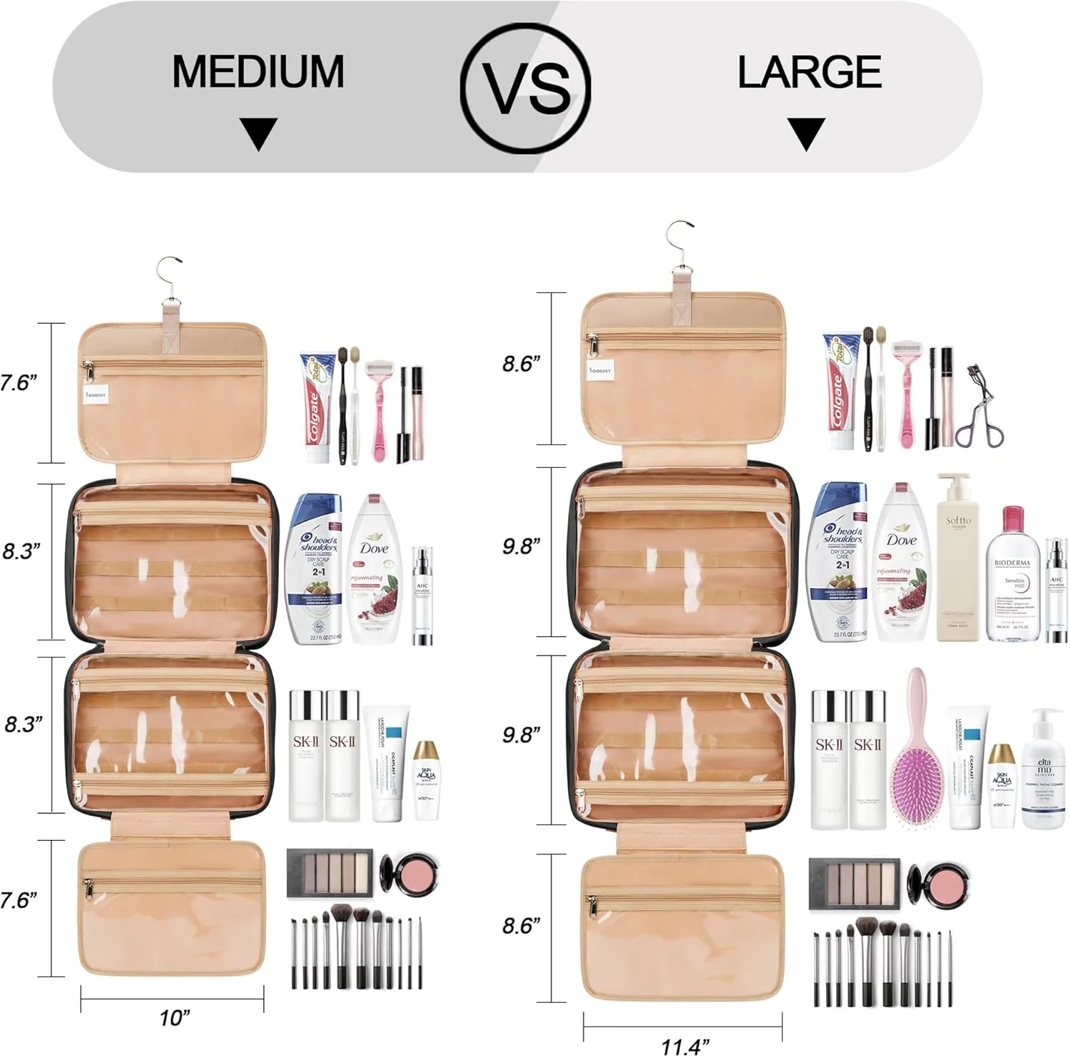 Travel Hanging Toiletry Bag for Women, Cruise Ship Essentials, with Jewelry Organizer, Medium Makeup Dopp Kit, Waterproof Cosmetic Bags, Toiletries Kit Set Accessories with Trolley Belt, Black