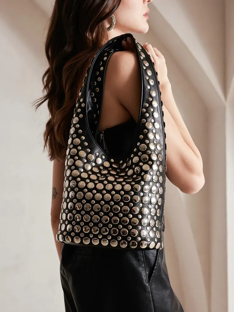 Trendy Studded Shoulder Bag Vegan Leather Tote Bag For Women Y2K Hobo Handbag Womens Bucket Bag Casual Punk Purse Streetwear