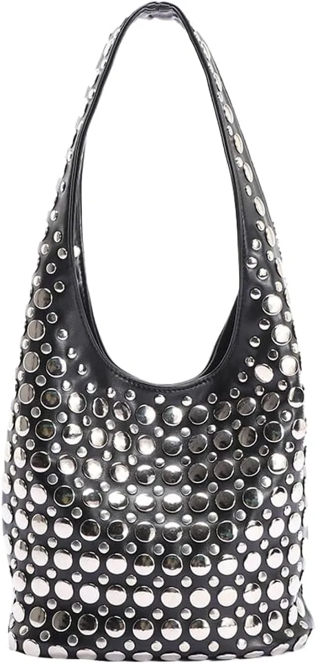Trendy Studded Shoulder Bag Vegan Leather Tote Bag For Women Y2K Hobo Handbag Womens Bucket Bag Casual Punk Purse Streetwear