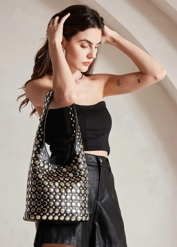 Trendy Studded Shoulder Bag Vegan Leather Tote Bag For Women Y2K Hobo Handbag Womens Bucket Bag Casual Punk Purse Streetwear