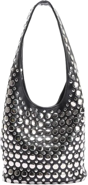 Trendy Studded Shoulder Bag Vegan Leather Tote Bag For Women Y2K Hobo Handbag Womens Bucket Bag Casual Punk Purse Streetwear