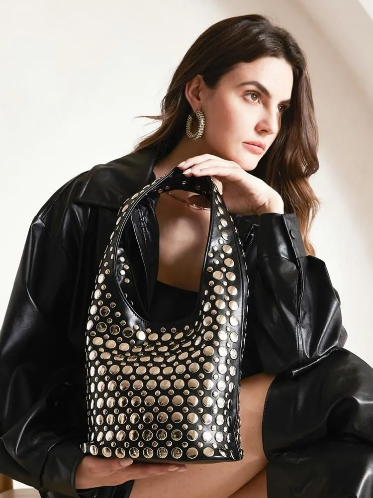 Trendy Studded Shoulder Bag Vegan Leather Tote Bag For Women Y2K Hobo Handbag Womens Bucket Bag Casual Punk Purse Streetwear
