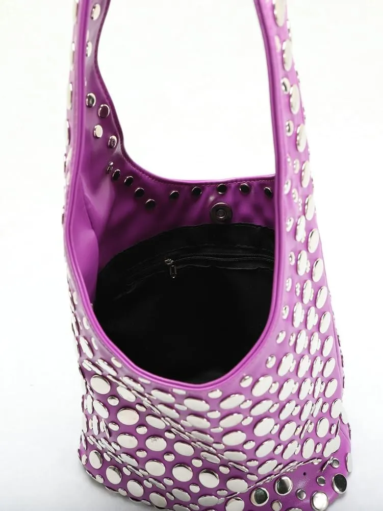 Trendy Studded Shoulder Bag Vegan Leather Tote Bag For Women Y2K Hobo Handbag Womens Bucket Bag Casual Punk Purse Streetwear
