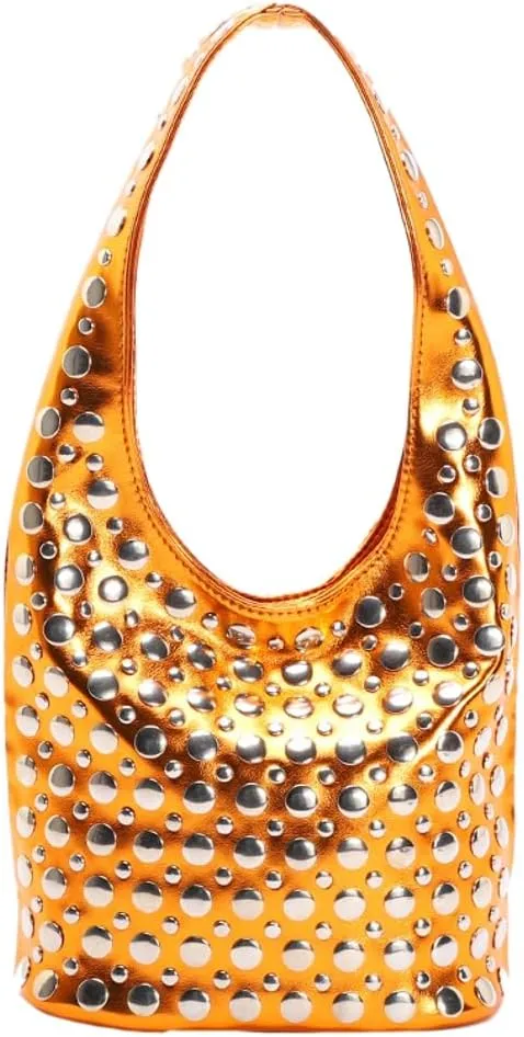 Trendy Studded Shoulder Bag Vegan Leather Tote Bag For Women Y2K Hobo Handbag Womens Bucket Bag Casual Punk Purse Streetwear