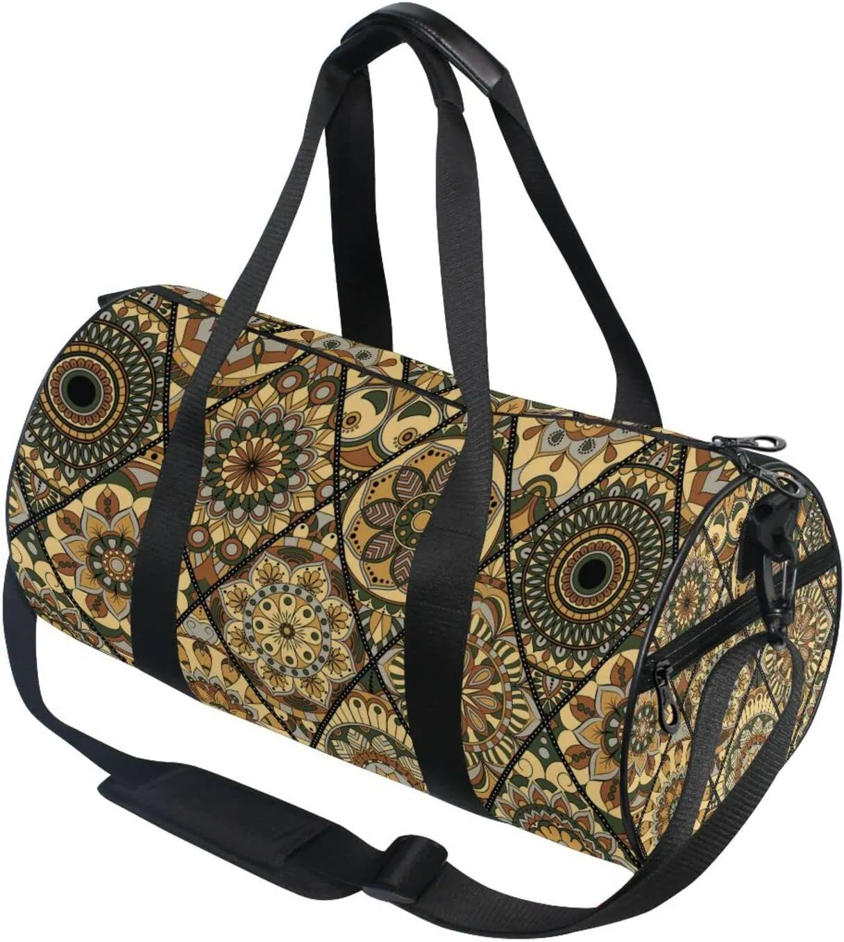 Tribal Mandala Flowers Islam, Arabic, Indian, Ottoman Motifs Duffel Bag, Foldable Canvas Travel Tote for Gym Sports with Inner Pockets, Durable Lightweight Fitness Bag for Overnight Workout