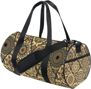 Tribal Mandala Flowers Islam, Arabic, Indian, Ottoman Motifs Duffel Bag, Foldable Canvas Travel Tote for Gym Sports with Inner Pockets, Durable Lightweight Fitness Bag for Overnight Workout