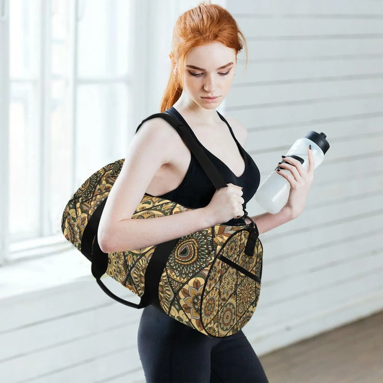 Tribal Mandala Flowers Islam, Arabic, Indian, Ottoman Motifs Duffel Bag, Foldable Canvas Travel Tote for Gym Sports with Inner Pockets, Durable Lightweight Fitness Bag for Overnight Workout