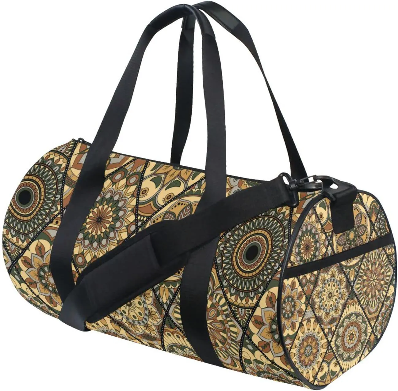 Tribal Mandala Flowers Islam, Arabic, Indian, Ottoman Motifs Duffel Bag, Foldable Canvas Travel Tote for Gym Sports with Inner Pockets, Durable Lightweight Fitness Bag for Overnight Workout