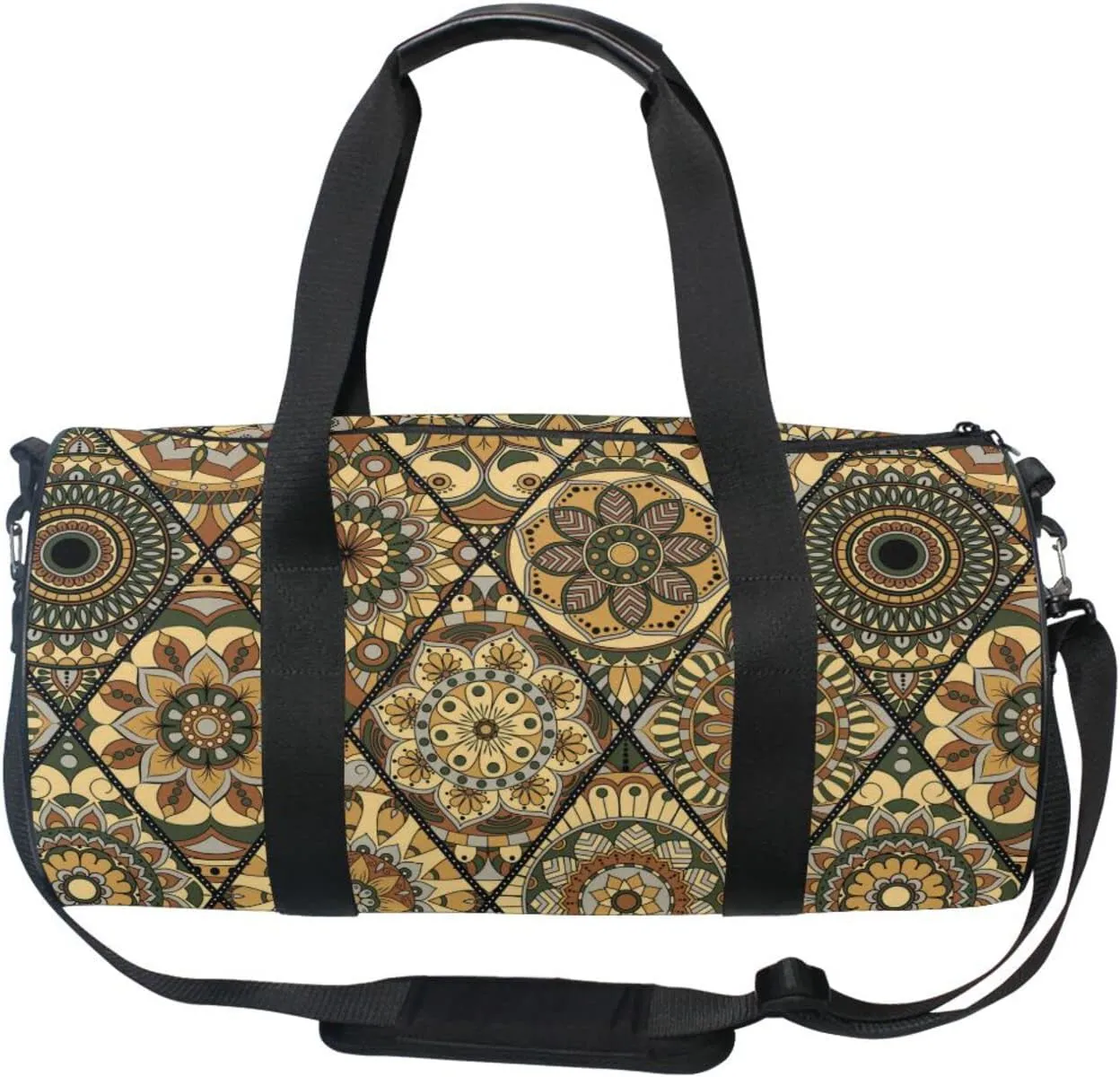 Tribal Mandala Flowers Islam, Arabic, Indian, Ottoman Motifs Duffel Bag, Foldable Canvas Travel Tote for Gym Sports with Inner Pockets, Durable Lightweight Fitness Bag for Overnight Workout
