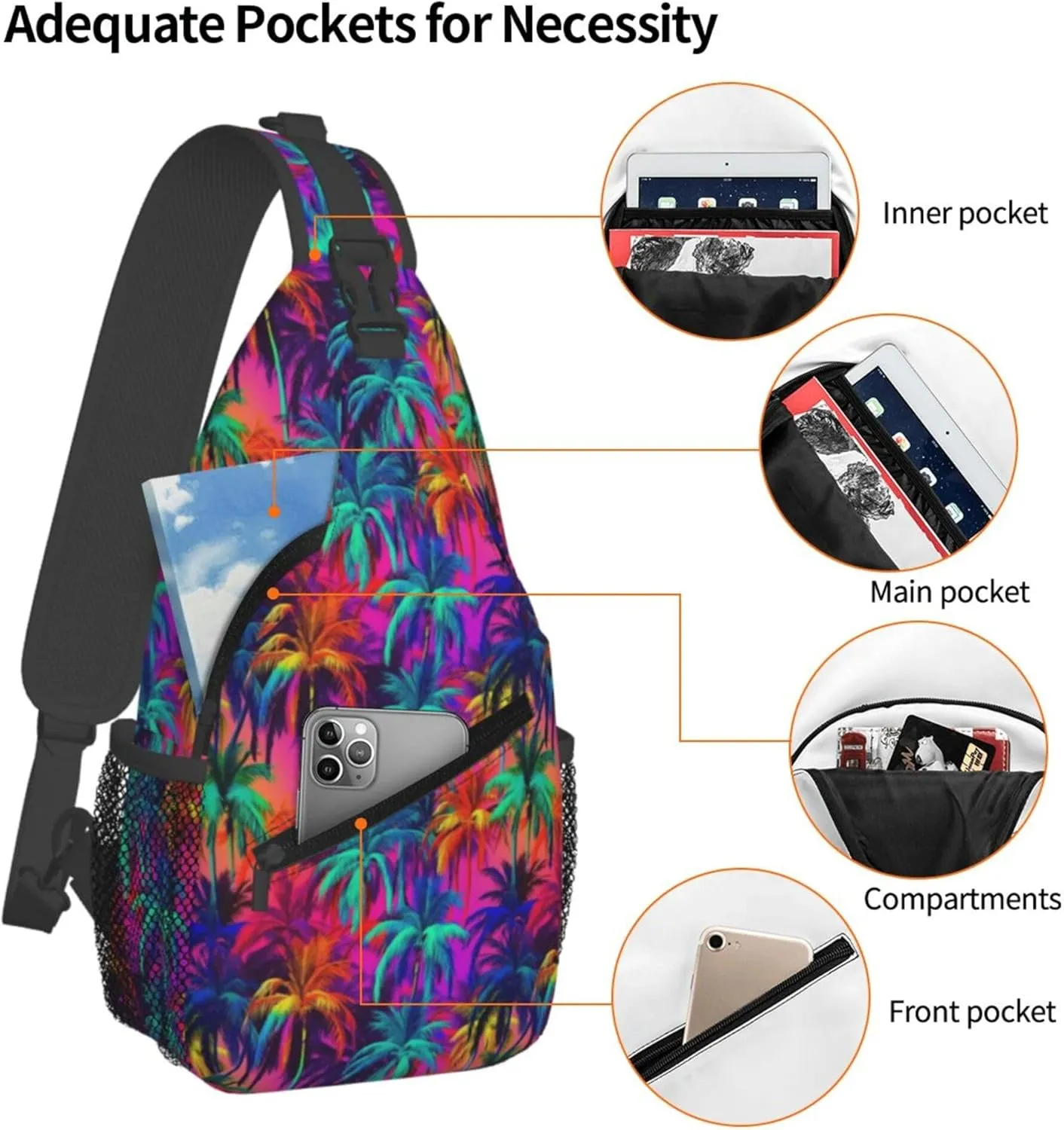 Tropical Hawaiian Neon Palm Leaves Crossbody bags for women Men Sling Bag Travel Chest Backpack Leisure Sports Outdoor Running Hiking