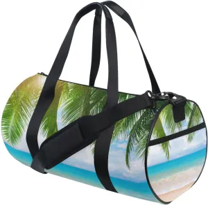 Tropical Ocean Beach with Coconut Palm Tree Leaves Blue Sea Duffel Bag, Foldable Canvas Travel Tote for Gym Sports with Inner Pockets, Durable Lightweight Fitness Bag for Overnight Workout