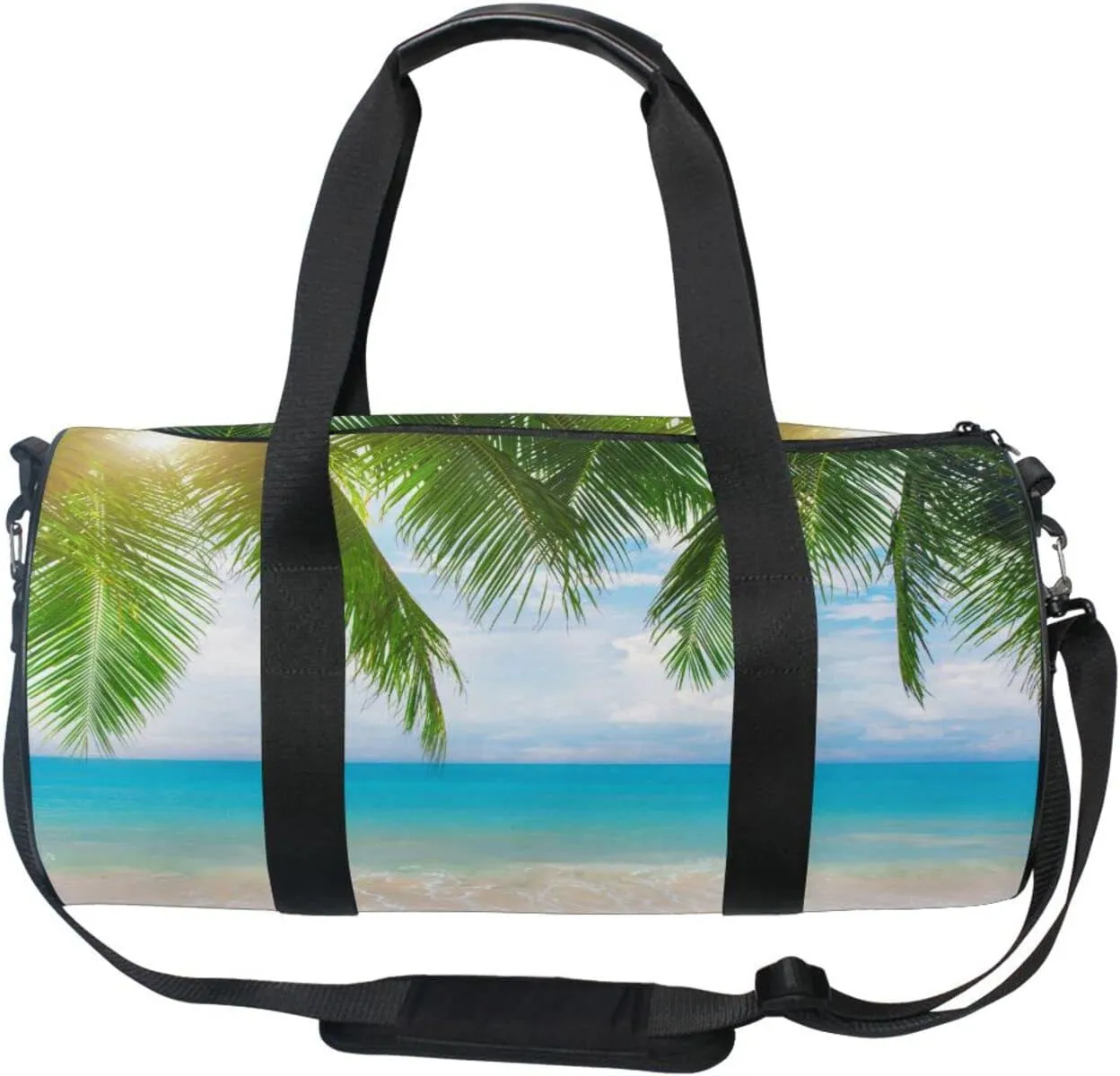 Tropical Ocean Beach with Coconut Palm Tree Leaves Blue Sea Duffel Bag, Foldable Canvas Travel Tote for Gym Sports with Inner Pockets, Durable Lightweight Fitness Bag for Overnight Workout