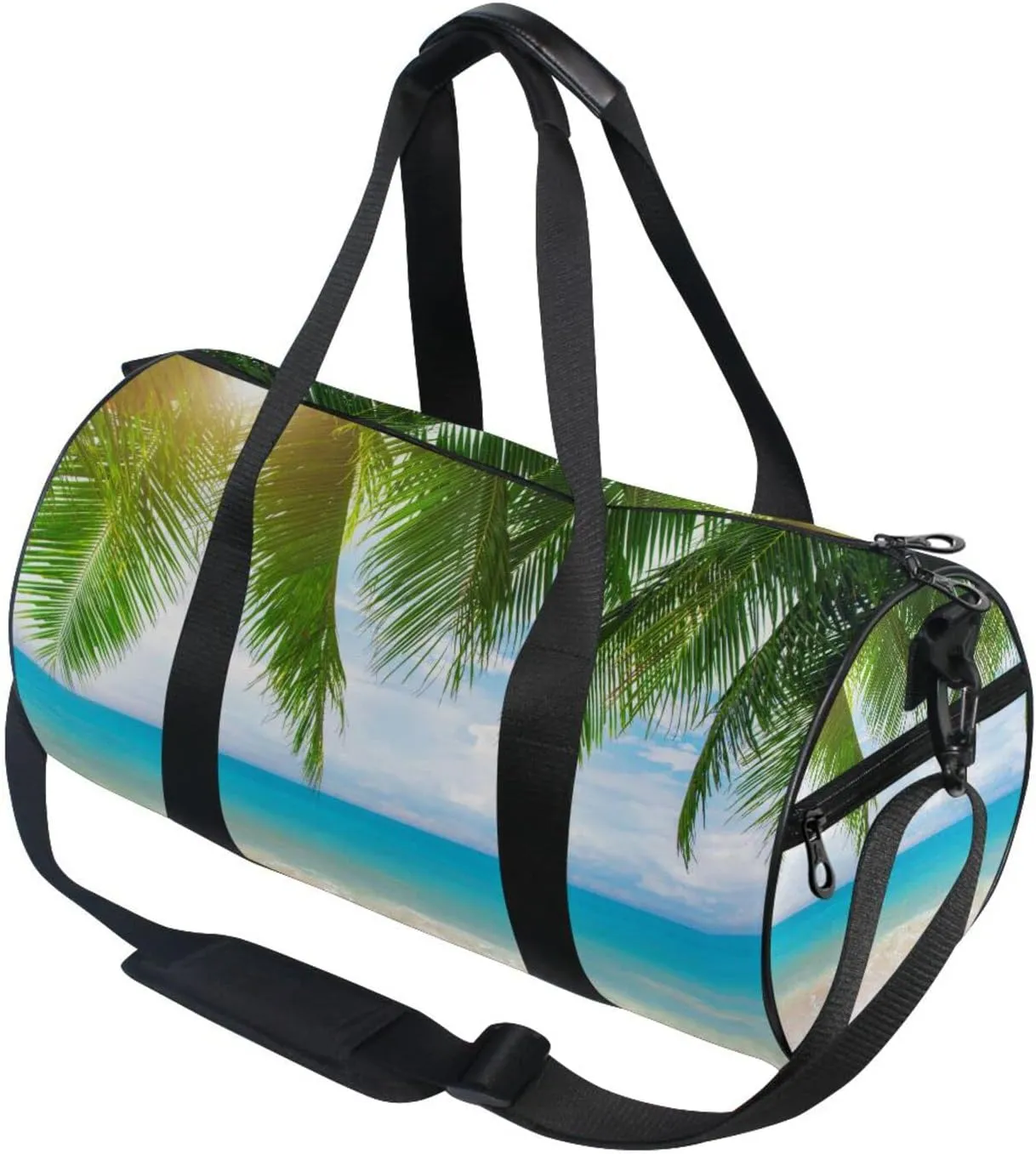 Tropical Ocean Beach with Coconut Palm Tree Leaves Blue Sea Duffel Bag, Foldable Canvas Travel Tote for Gym Sports with Inner Pockets, Durable Lightweight Fitness Bag for Overnight Workout
